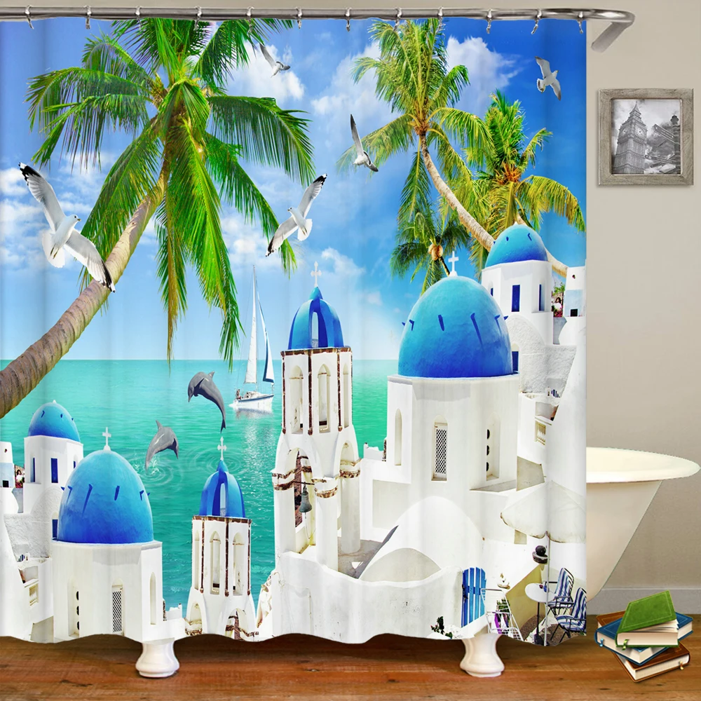 

3D Seaside Scenery Beach Bathroom Shower Curtain Home Decor Curtain Anti-mold Waterproof Shower Curtains With Hook 180x180cm