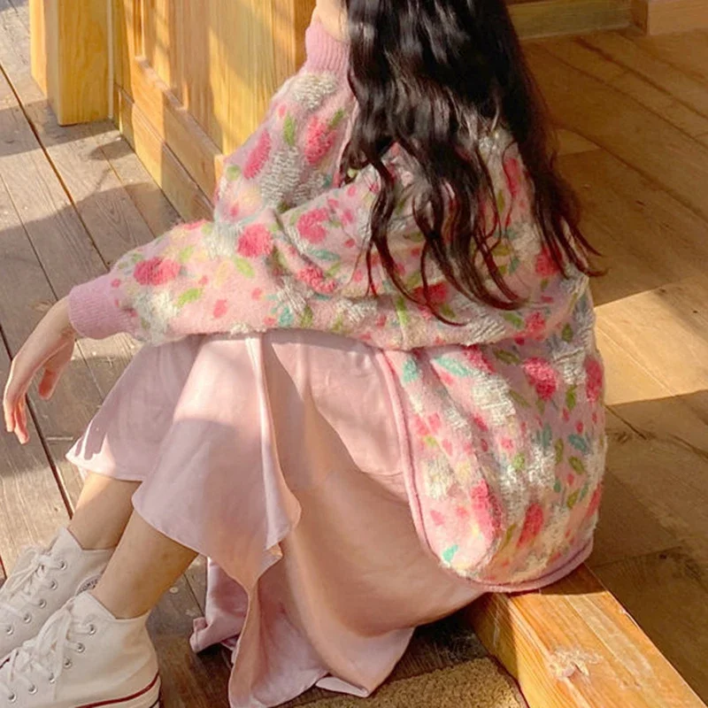 Новый японский и корейский Ретро ленивый стиль розовый свитер с цветами для