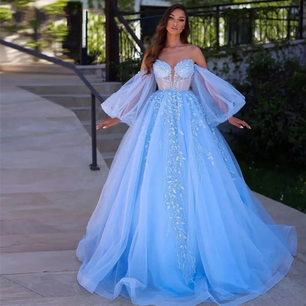 

Sky Blue Puff Sleeves Prom Formal Dress 2023 Sparkly Appliques Beaded Sequined Evening Birthday Party Gowns Vestidos De Longo