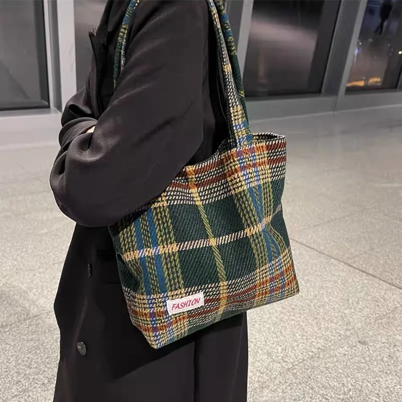 Retro Woolen Plaid Bag Women Large-capacity Shoulder Bag Lazy Style Mixed Color Simple and Versatile Hand Tote Bag