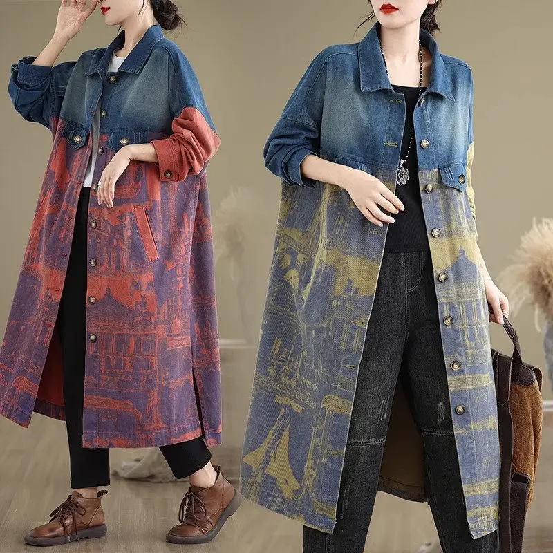 Женский джинсовый Тренч в стиле пэчворк свободный ковбойский винтажном с
