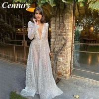 gorgeous silver v neck long sleeves sequined prom dresess new arrival sexy a line sequins open back evening dresses plus size