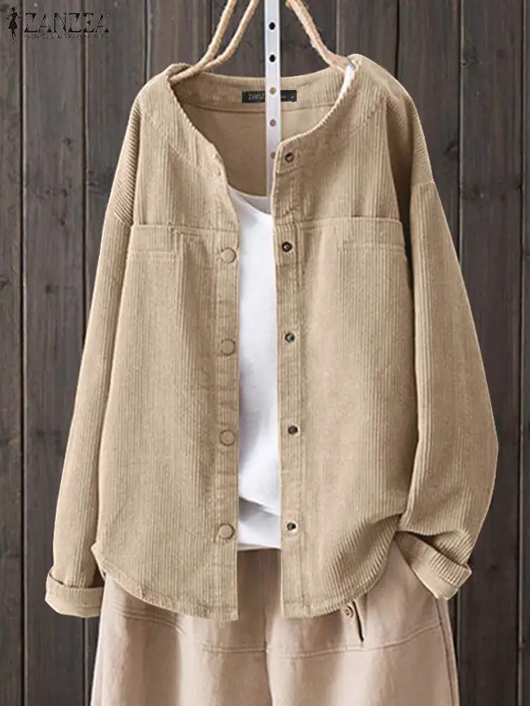 

2023 ZANZEA Spring Women Blouse Fashion Elegant Casual Corduroy Tops Solid Outwear Long Sleeve Shirt Vintage Blusas Tunic Mujer