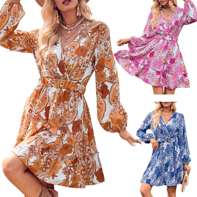 

Женское летнее мини-платье с V-образным вырезом и длинным рукавом с поясом