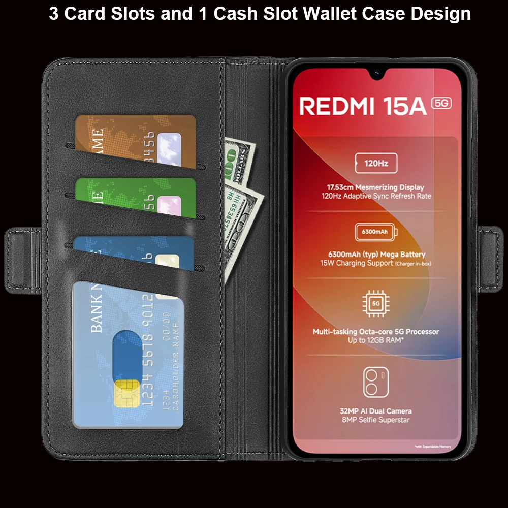 Фото Чехол-книжка из телячьей кожи для Xiaomi Redmi 15A A7 Pro 4G Turbo 5 Max Note 13 14 15 Pro Plus 14S K90 Pro Max 14C 13C A5 №5