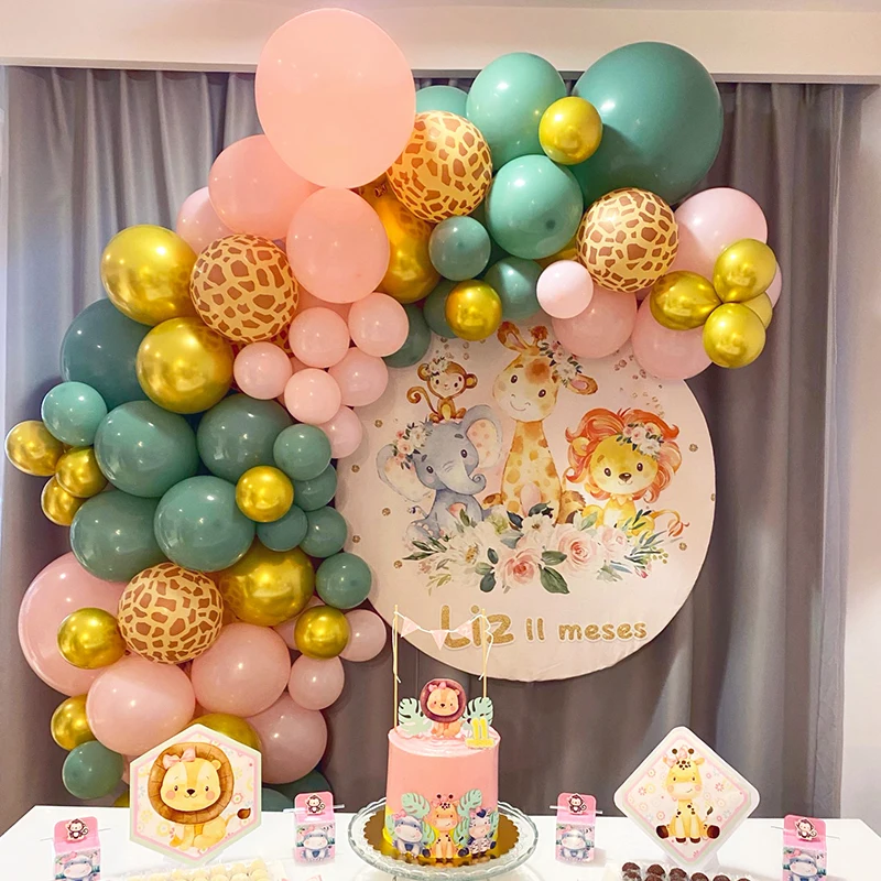 

Розовая гирлянда с воздушными шарами, зеленые и золотые шары, набор диких сафари в джунглях, украшения для дня рождения, детский праздник для будущей мамы