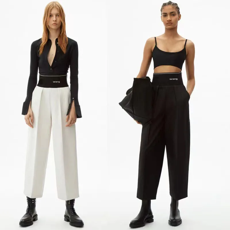 

22fw European and American Style New Side Zipper All-match High Waist Letter Loose Nine Points Women's Casual Pants Pure Cotton