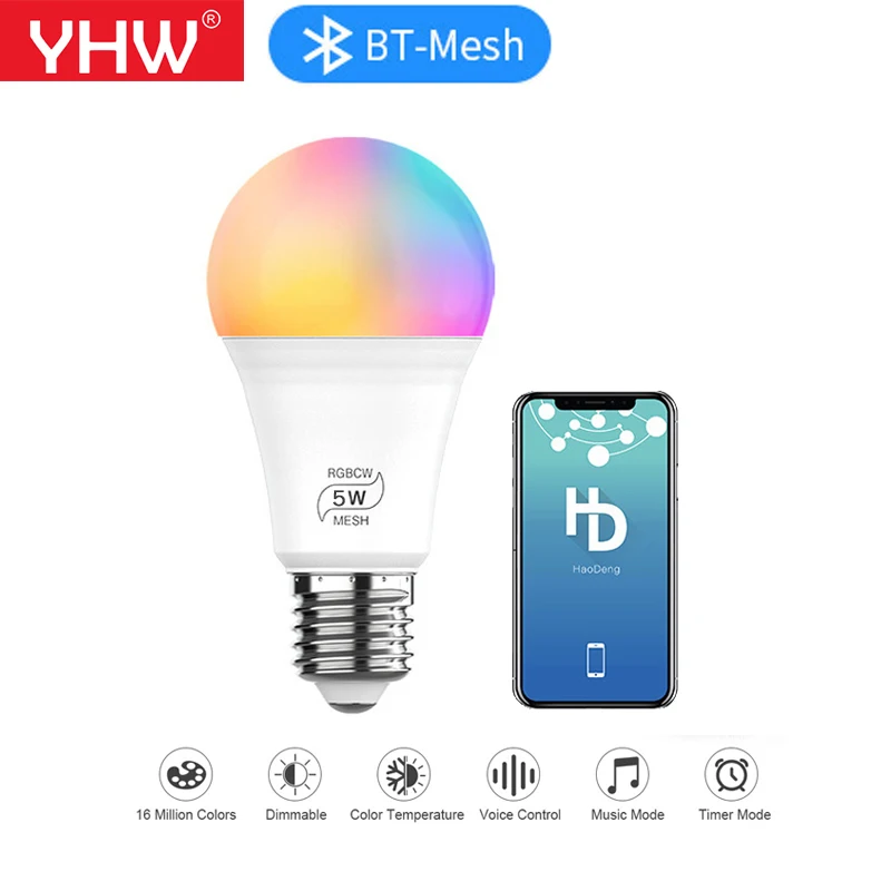 

Умсветодиодный Светодиодная лампа YHW с Bluetooth, 5 Вт, E27, меняющая цвет, лампочка с регулируемой яркостью RGBCW