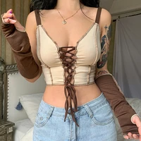 y2k sexy corset tops vintage crop tops t shirt with glove backless v neck patched knitted sleeve lace up vest summer tops