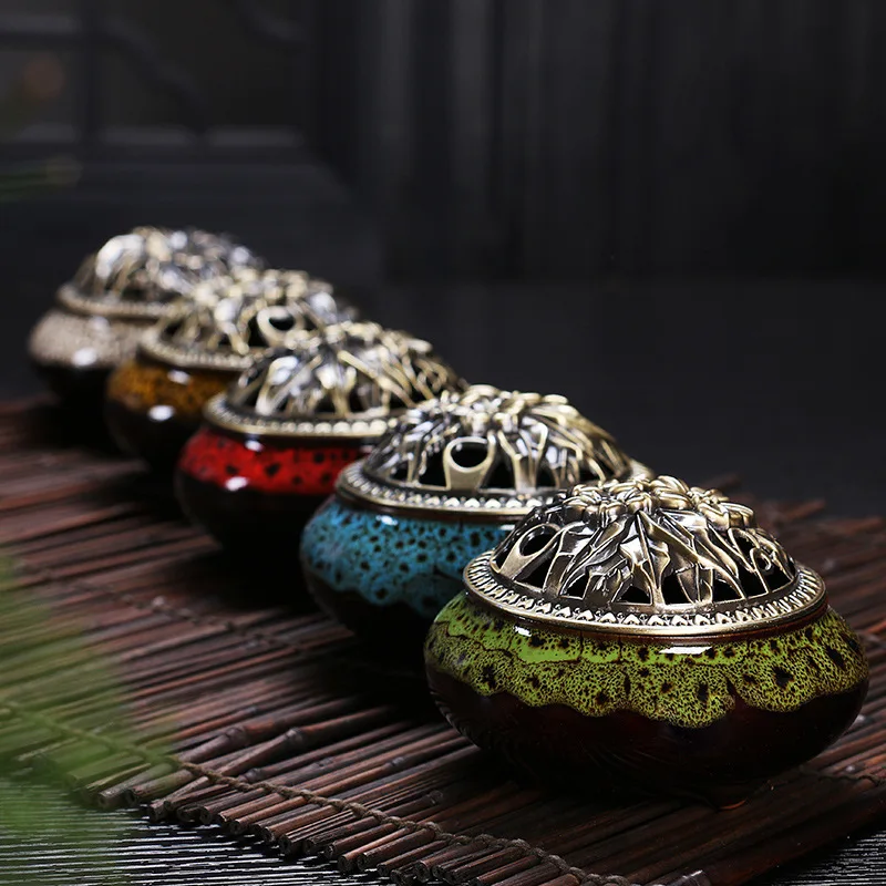 

3in1 Coil Ceramic Incense Burners Copper Cover Ceramic Stick Burner Antique Sandalwood Incense Holder Home Zen Room Crafts