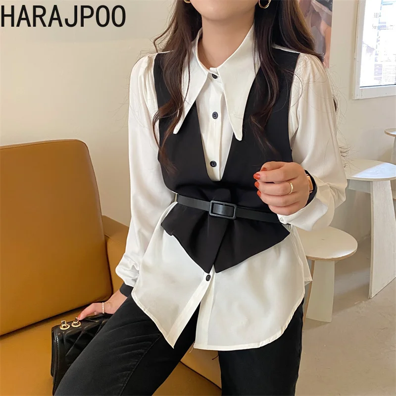 

Женская рубашка с поясом Harajpoo, Повседневная Свободная рубашка с длинным рукавом и отложным воротником в Корейском стиле, топы контрастных ц...