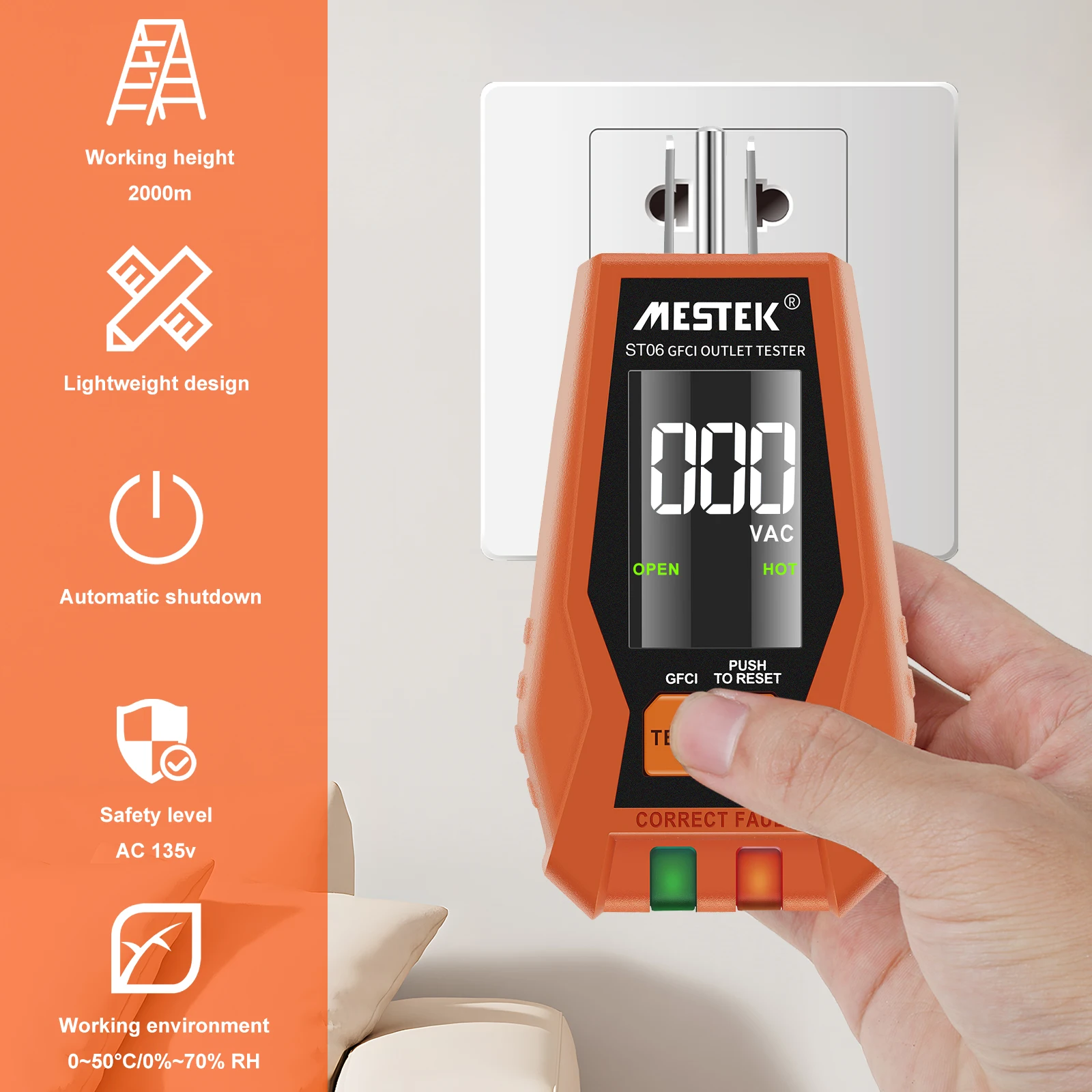 Тестер электрической розетки 7-дюймовый дисплей 3-проводной тестер цепей легко