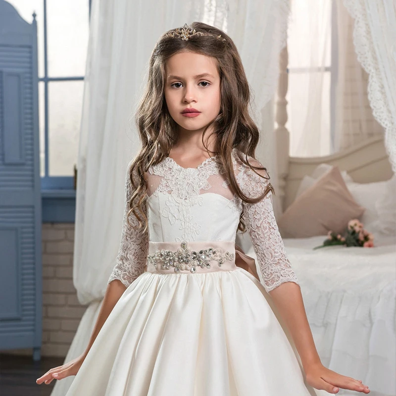 New European and American Vintage Satin Flower Girl dress wedding dress with diamond lace bow tie long Princess fluffy skirt enlarge