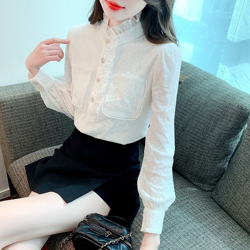 Высококачественная модная новая кружевная блузка с длинным рукавом Топ Женская