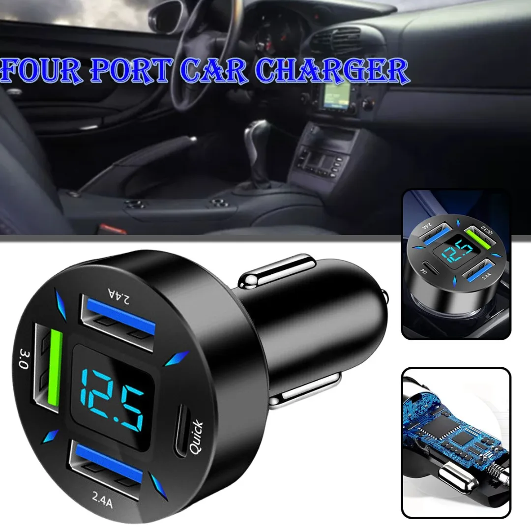 

Mayitr 1pc 4 USB Port Type-C Fast Car Charger Adapter Input 12V-24V Black ABS Battery Charging Unit For Android Cell Phone Other
