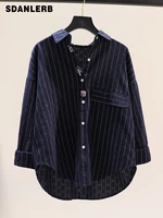 navy blue striped cotton linen shirt womens long sleeved korean style spring autumn loose casual blouse versatile top
