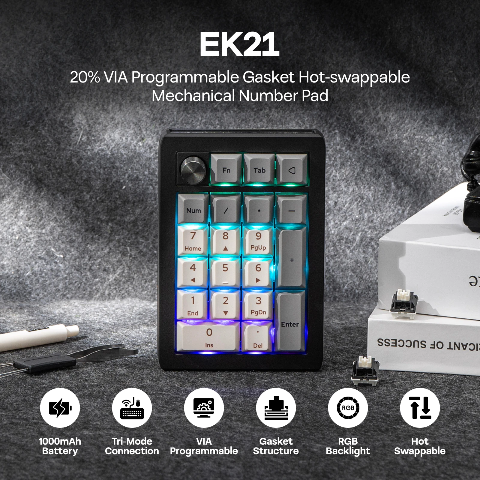Фото EPOMAKER EK21 VIA 20%, прокладка, проводная/Bluetooth/2,4 ГГц, беспроводная NKRO Numpad, ручка из алюминиевого сплава, аккумулятор 1000 мАч для Win/Mac/игр №2