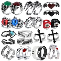 2pcs gothic heart cross rings for women men lover couple ring set friendship engagement wedding band open ring punk jewelry gift