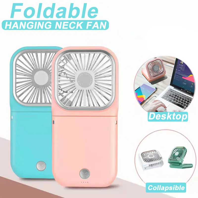 Foldable Neck Hanging Fan USB Adjustable Rechargeable Mini Cooling Fan Mute Power Bank Handheld Mini Portable Folding Small Fan