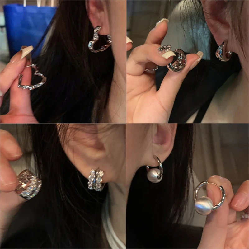

Cool Style~Exquisite Silver Metal Ear Buckle Ear Studs for Women High Grade Sweet Cool Earrings Hong Kong Style Zircon Earrings