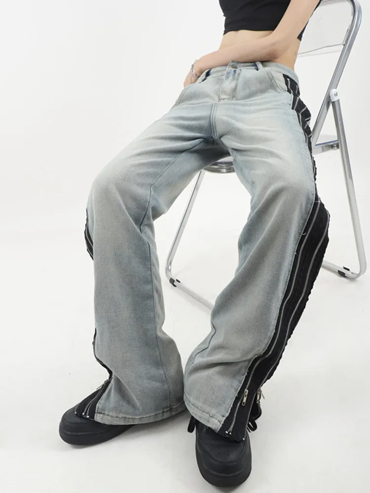 BULOCHOVA American Street Retro Design Zipper Loose Straight Jeans For Women High Waist Girlfriend Cowboy Wide Leg Pants 2023