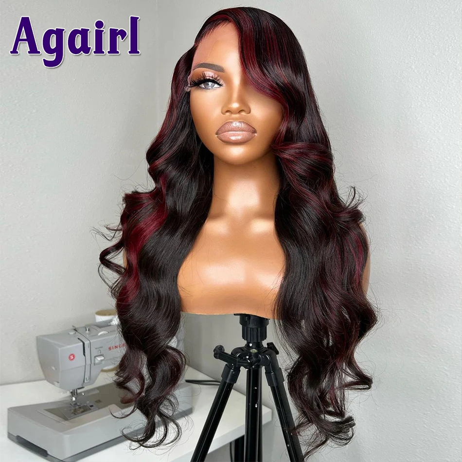 

13X4 13X6 Lace Frontal Wig Red Highlight Body Wave Lace Front Wig Burgundy with Black Colored Human Hair 5X5 Lace Closure Wig