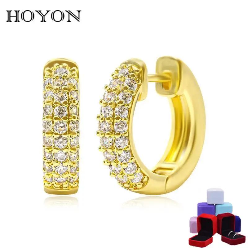 

HOYON 14K Yellow Gold Color Diamond Zircon Earrings for Women Wedding Jewelry with Micro Inlaid Earrings round free shipping