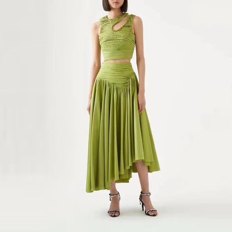 

2023 New Fashion Summer Women Hollow Out Diamonds Tank Tops Folds Irregular Hem Long Skirt Solid Color Two Piece Skirt Sets