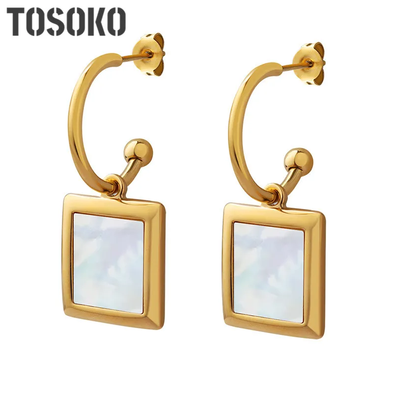 

TOSOKO Stainless Steel Jewelry Square White Seashell Pendant Earrings Women's Fashion Earrings BSF069