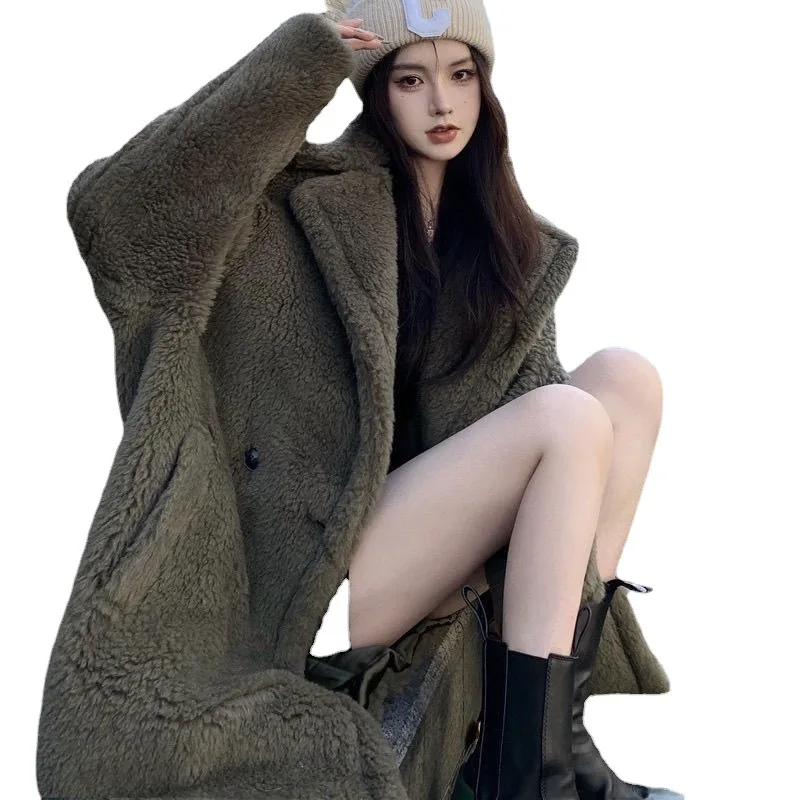 Lamb wool large size coat female winter platycodon temperament in long loose fashion female coat with thick fluffy long coat