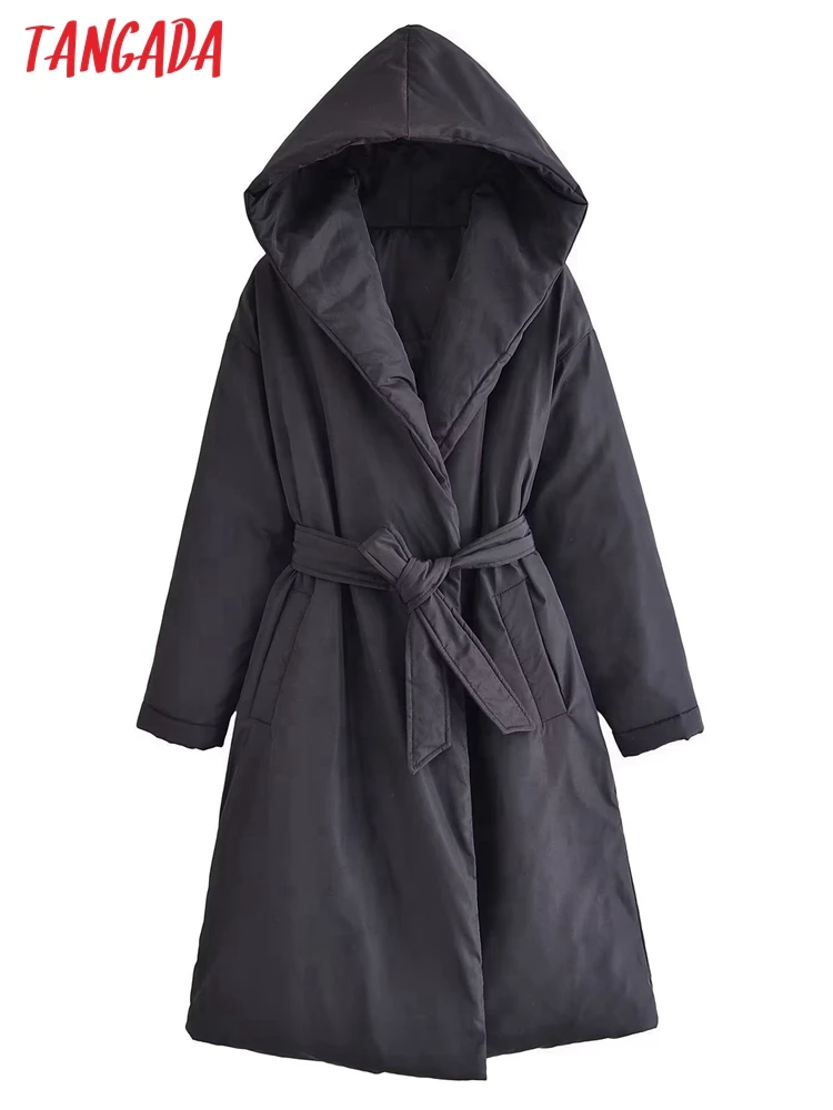 

Куртка Женская Длинная черная с поясом, на осень, QN181