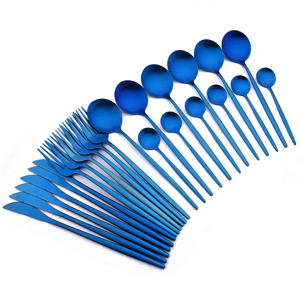 16/24Pcs Matte Stainless Steel Cutlery Set Dinnerware Sets Blue Knife Fork Spoon Silverware Kitchen Party Dinner Tableware