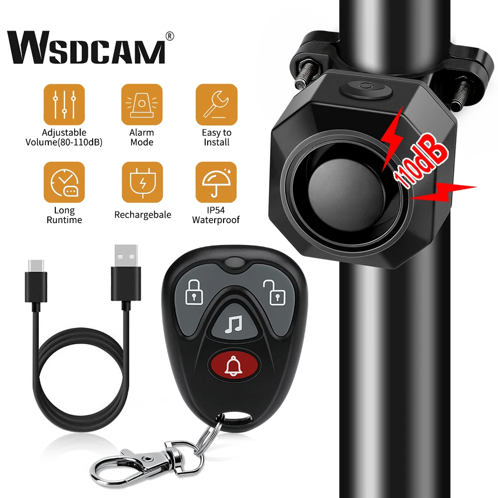 

Wsdcam 113dB Wireless Bike Alarm Waterproof Vibration Motorcycle Alarm Anti Theft Burglar Device with Remote For Scooter, Cart