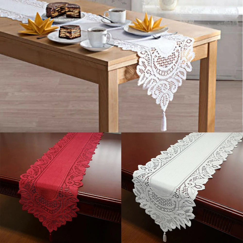 

White,Red Oval Satin Fabric Vintage Hand Knitted Floral Lace Table Runner Tasseled Edge Wedding Party Decor 33x180cm/13"*71"