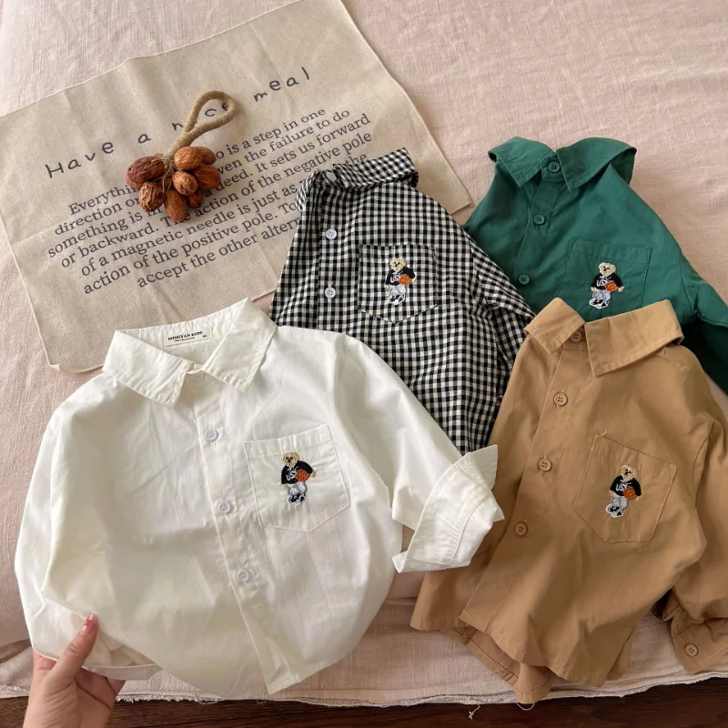 

Autumn Boys Girls Camisa Blouse Clothes Infantil Menina Korean Bear Shirt Baby Embroidery Grid Top Toddler Children's Clothes