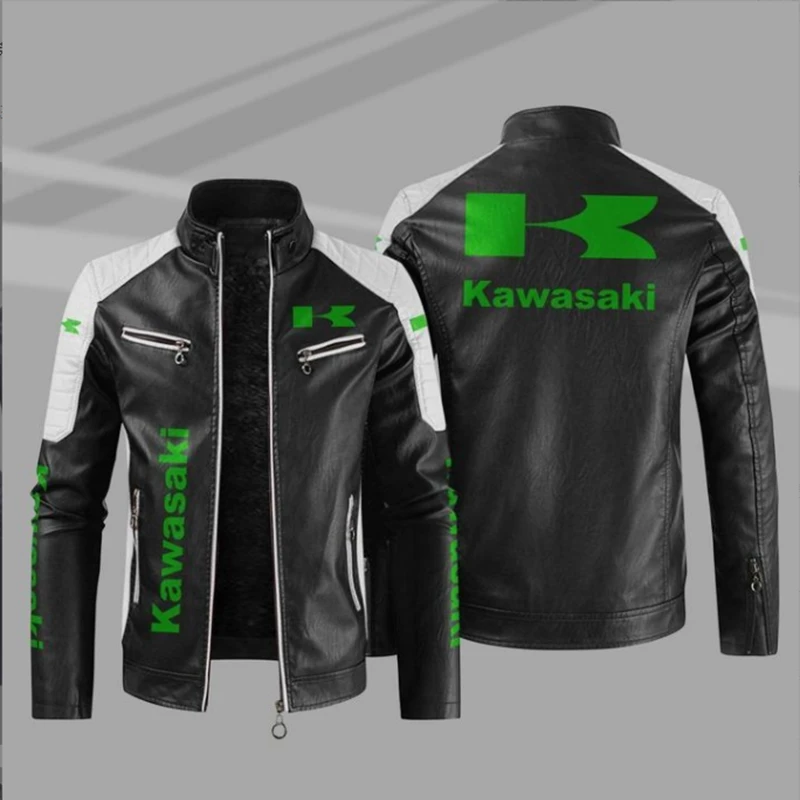

Kawasaki Logo Men Winter Leather Jackets Casual Coat Mens Fashion Motorcycle Jacket Coats Male Fleece Warm Slim Fit Outerwear