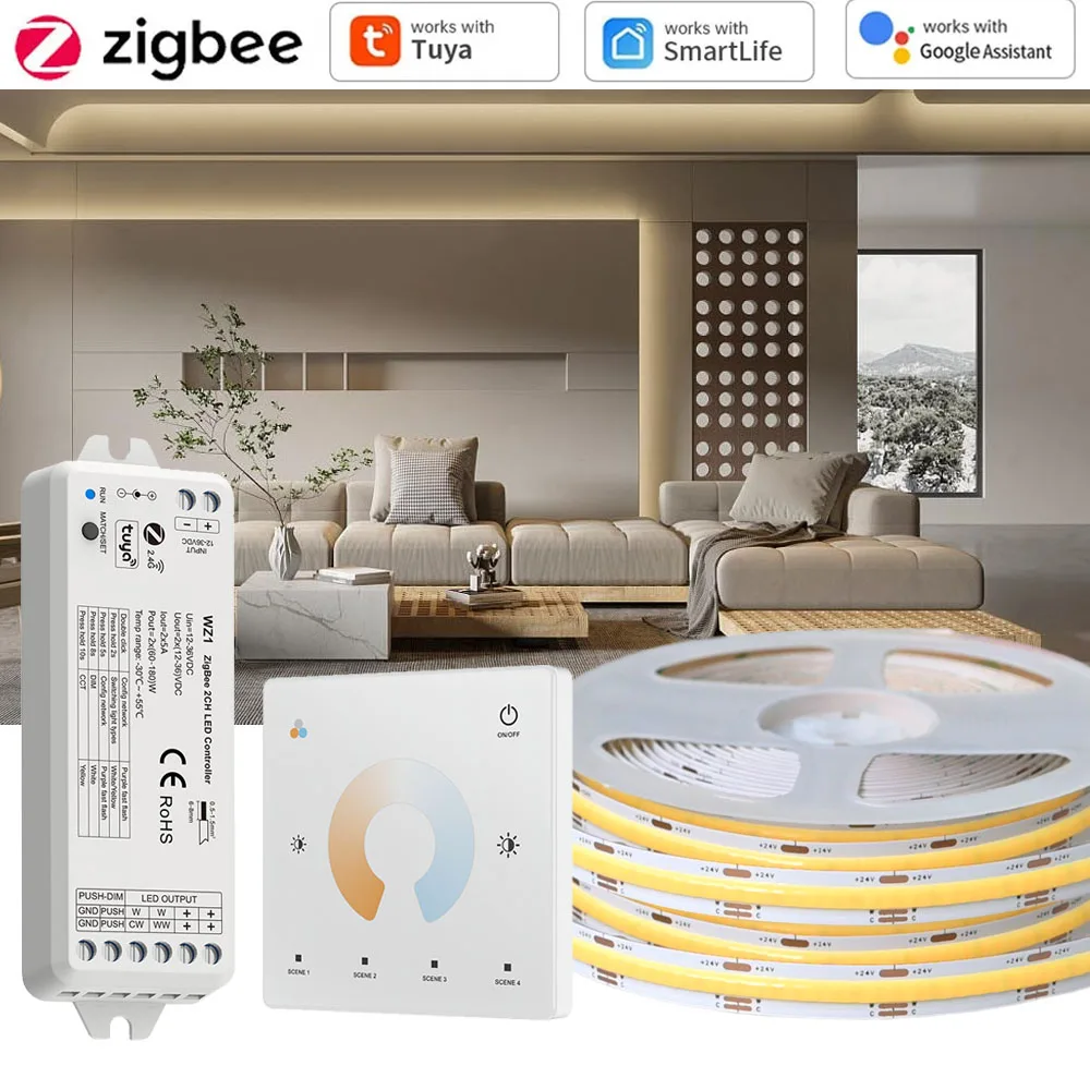 Фото 5M 10M 20M Tuya Zigbee 3.0 COB CCT Светодиодная лента Dual White Room Decor Light 2.4G RF Dimming Touch Remote f Alexa Google SmartThings №1