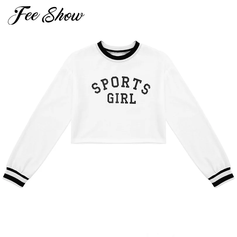 

White Casual T-shirt Tops Sports Wear Kids Girls Cotton Top Round Neck Long Sleeve Striped T-shirts Crop Top Breathable Clothing
