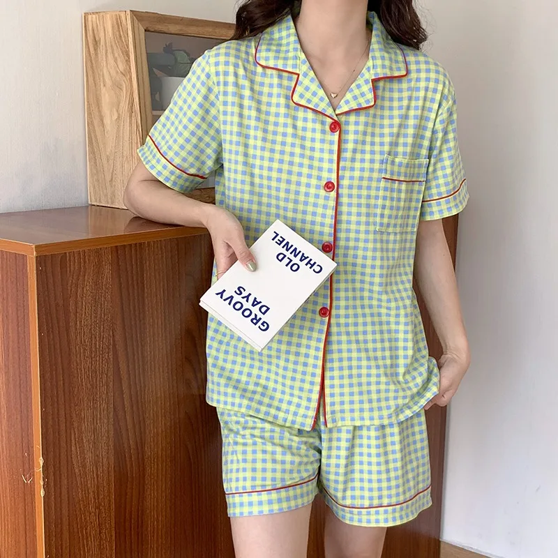 CAIYIER Korea Style Women Girls Sleepwear Plaid Pattern Summer Nightwear Women Leisure Kawaii Soft Pajamas Set Ulzzang Pyjamas