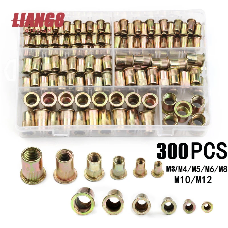 

300/165/100PCS Box Rivet Nuts Carbon Steel M4 M5 M6 M8 M10 M12 Flat Head Rivet Nuts Set Hardware Multi Sizes Insert Rivet Nuts
