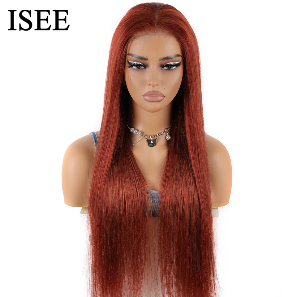 Wear Go Glueless Wig ISEE Brazilian Straight Reddish Brown Lace Front Human Hair 6x4 Lace Glueless Wig Ready To Wear Color #33
