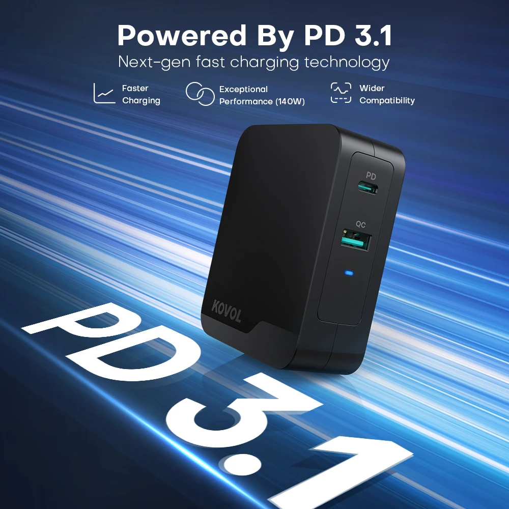 KOVOL 140W Fast Charging PPS USB Charger 120W Type C PD 3.1 3.0 QC Charge GaN 3 65W Quick Charger for MacBook Pro iPhone Samsung