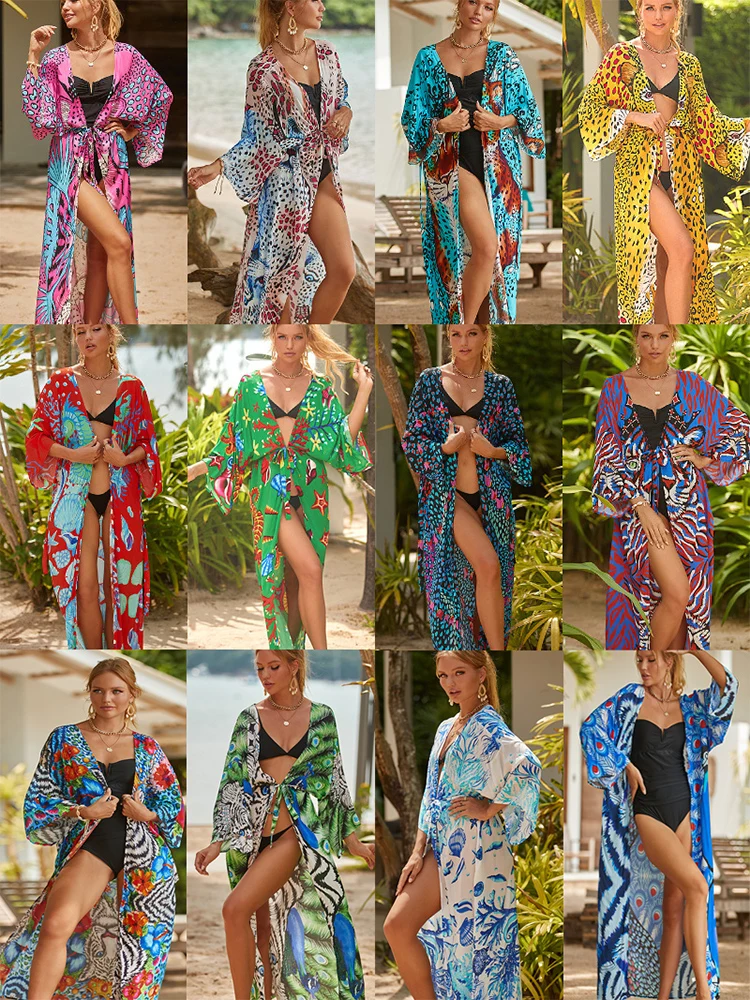 

2023 Summer Women Cardigan Bohemian Printed Bikini Cover-ups Sexy Sunscreen Kimono Bathrobe Batwing Sleeve Holiday Beachwear