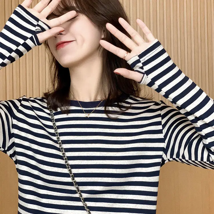 

Korean Women's Cotton Vintage Striped Top O Neck Casual All-match T Shirts Female Long Sleeve Basic Fashion New Tees T-Shirt