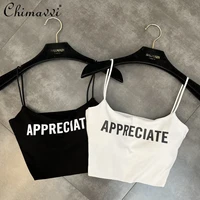 new 2022 summer fashion short slim fit midriff baring top for ladies all match letter printed chest pad sexy sling female