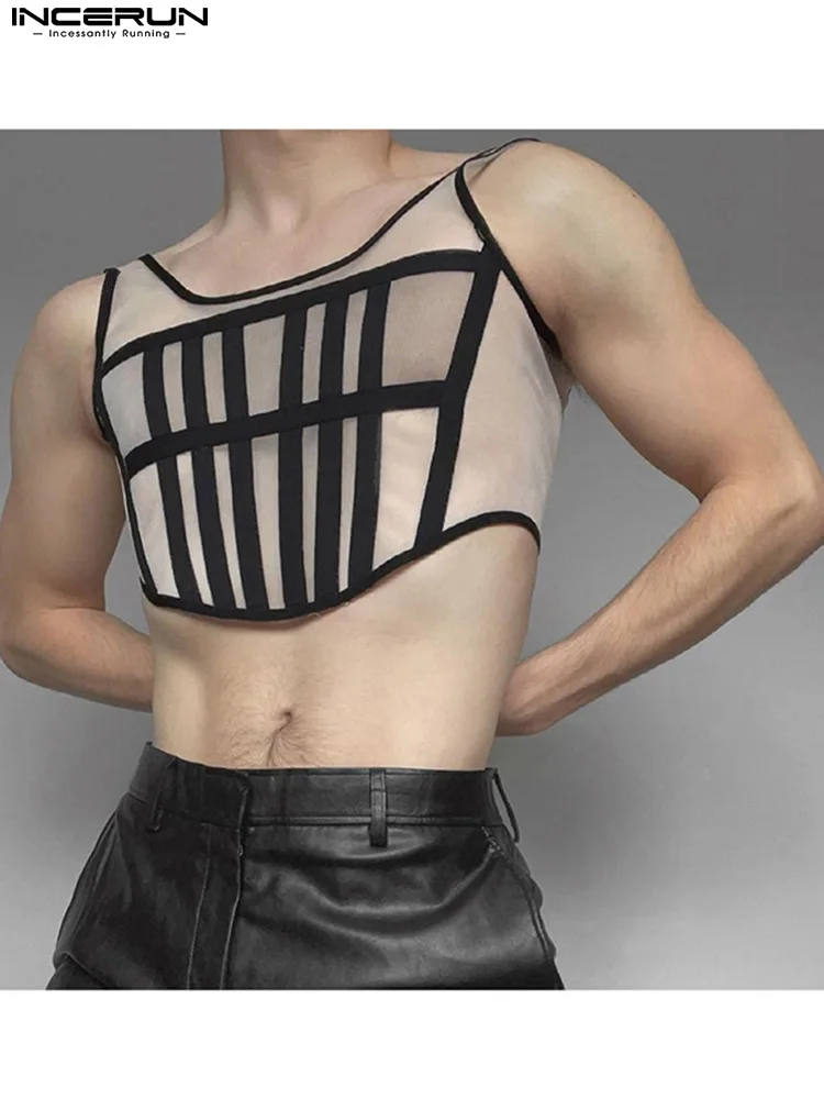 

Stylish New Men's See-through Mesh Short Waistcoat Fashion Casual Style Male Comfortable Stitching Vests S-5XL INCERUN Tops 2022