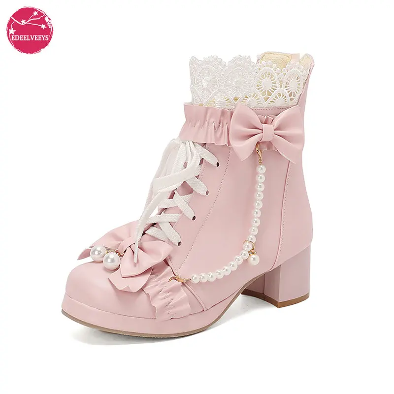Женские милые ботинки Лолиты на массивном среднем каблуке мужские ботильоны LGB с