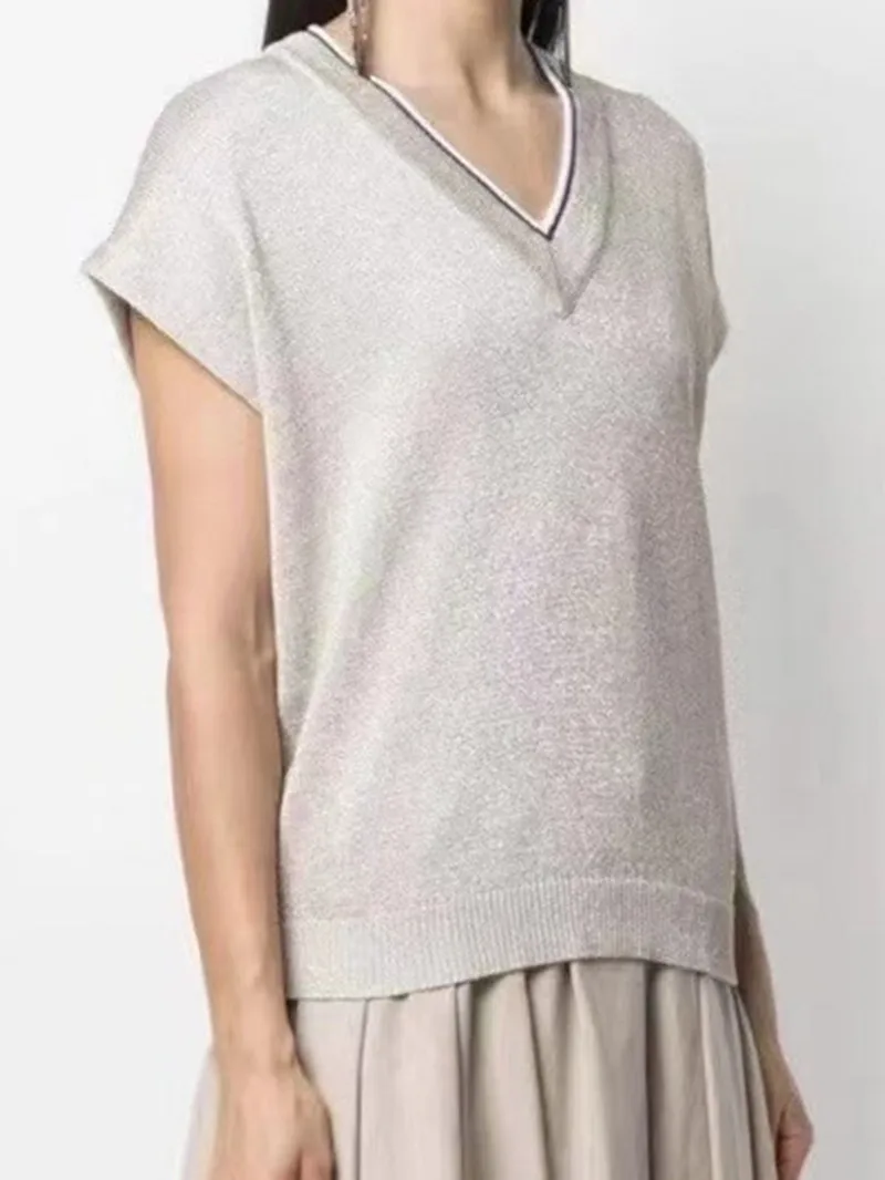 

Women's Solid Color Slim Knitted Vest Beaded 2022 Spring Summer New Short-Sleeved Ladies V-Neck All-Match Knit Pullover