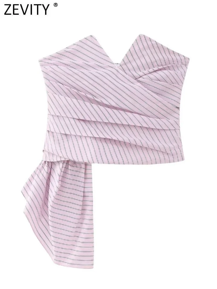 

Zevity Women Sexy V Neck Striped Print Press Pleats Knotted Short Smock Blouse Female Side Zipper Shirt Chic Blusas Tops LS4201