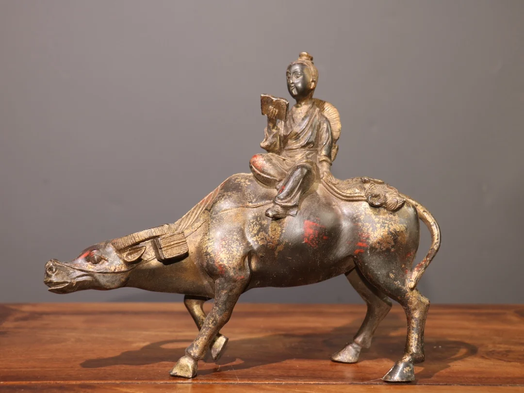 

10"Tibet Temple Collection Old Bronze Cinnabar Clay gold Boy Herding Cattle Harmonious Worship Hall Town house Exorcism